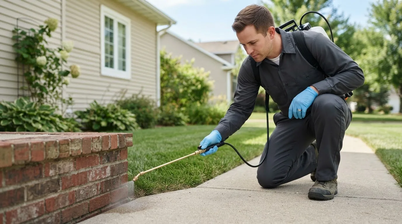 Pest control technician treating a home near New Bedford, PA