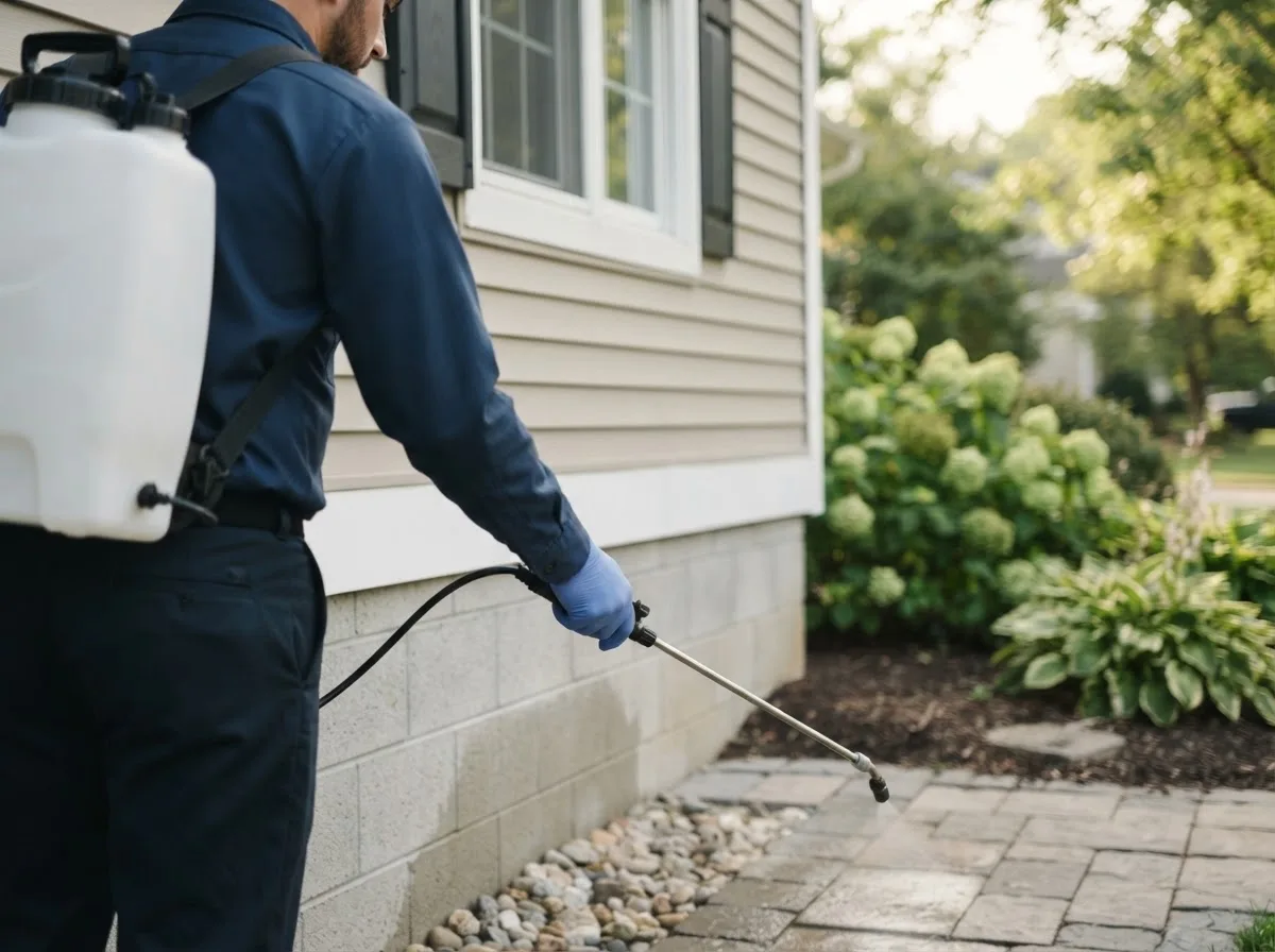 Pest control technician inspecting a home in New Bedford, PA